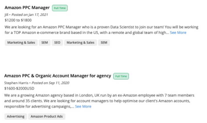 Amazon PPC job listings